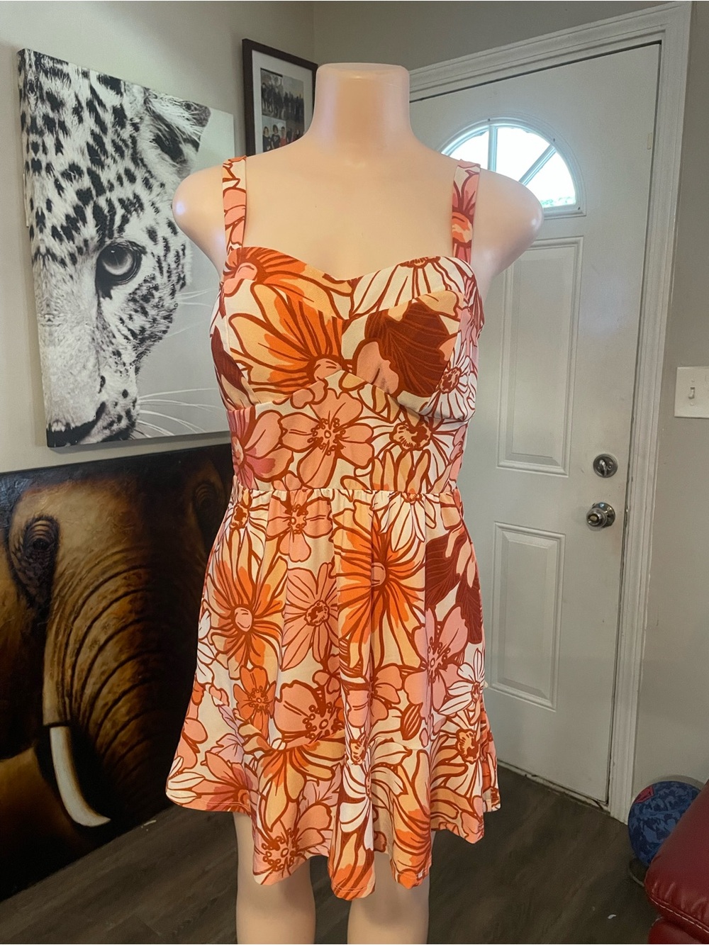 AUW Floral Sundress in Pink & Orange build in bra spagetti strap summer outside